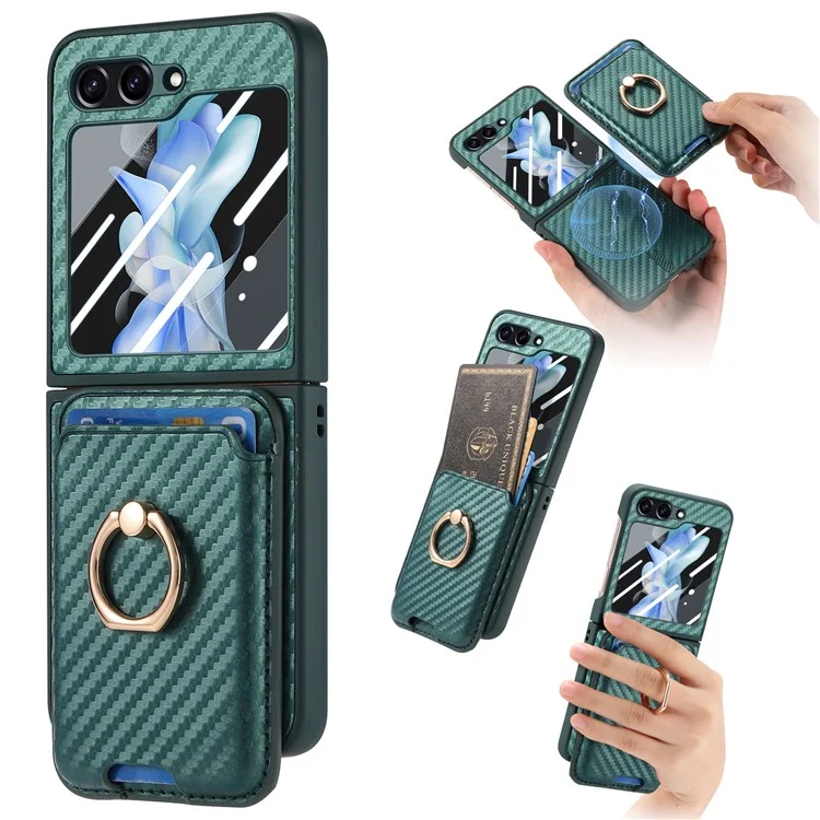 For Samsung Galaxy Z Flip5 5G Case Ring Holder Card Bag Leather+PC Phone Cover with Rear Screen Film - Green