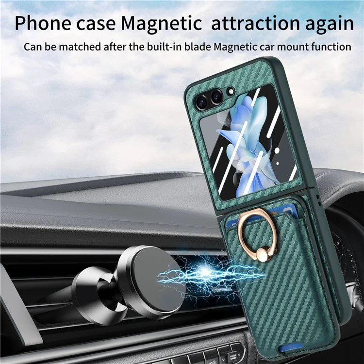 For Samsung Galaxy Z Flip5 5G Case Ring Holder Card Bag Leather+PC Phone Cover with Rear Screen Film - Green