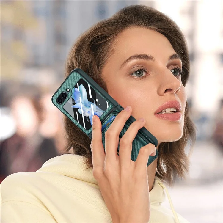 For Samsung Galaxy Z Flip5 5G Case Ring Holder Card Bag Leather+PC Phone Cover with Rear Screen Film - Green