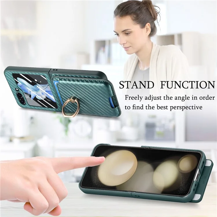 For Samsung Galaxy Z Flip5 5G Case Ring Holder Card Bag Leather+PC Phone Cover with Rear Screen Film - Green