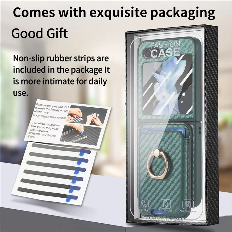For Samsung Galaxy Z Flip5 5G Case Ring Holder Card Bag Leather+PC Phone Cover with Rear Screen Film - Green