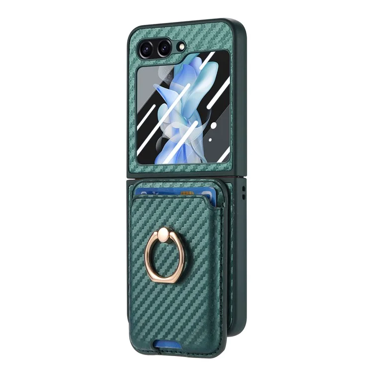 For Samsung Galaxy Z Flip5 5G Case Ring Holder Card Bag Leather+PC Phone Cover with Rear Screen Film - Green