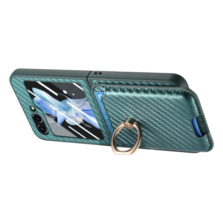For Samsung Galaxy Z Flip5 5G Case Ring Holder Card Bag Leather+PC Phone Cover with Rear Screen Film - Green