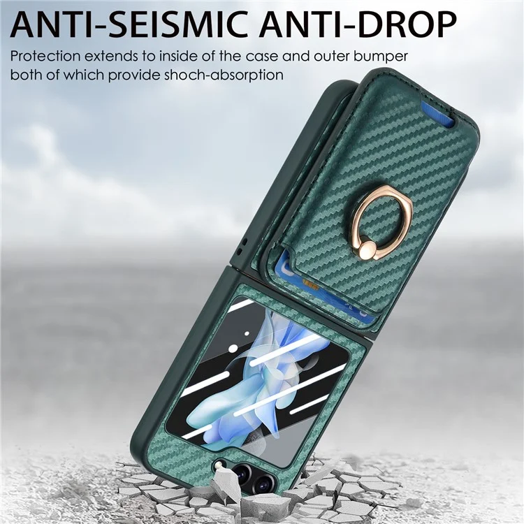 For Samsung Galaxy Z Flip5 5G Case Ring Holder Card Bag Leather+PC Phone Cover with Rear Screen Film - Green