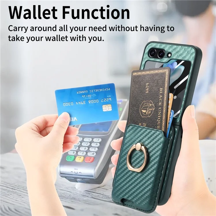 For Samsung Galaxy Z Flip5 5G Case Ring Holder Card Bag Leather+PC Phone Cover with Rear Screen Film - Green