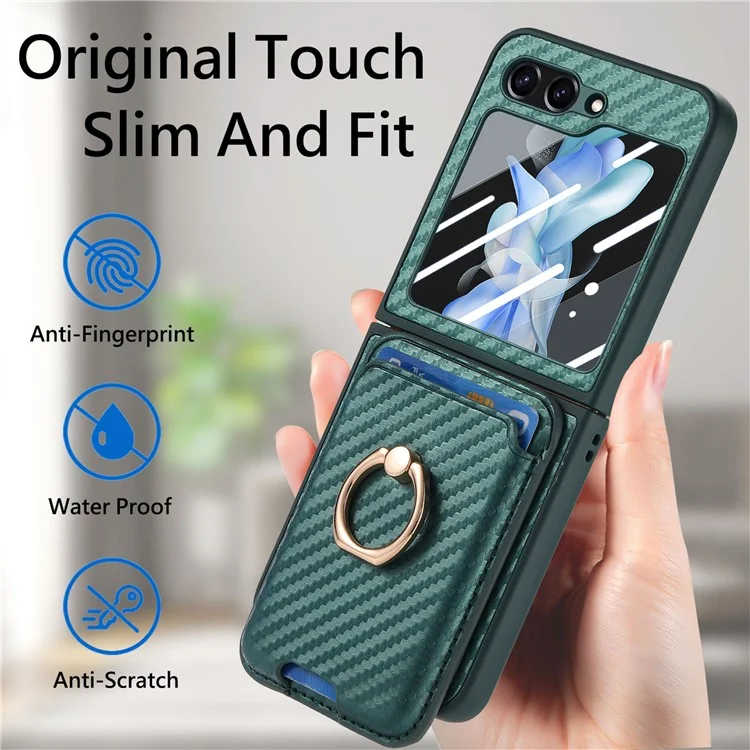 For Samsung Galaxy Z Flip5 5G Case Ring Holder Card Bag Leather+PC Phone Cover with Rear Screen Film - Green