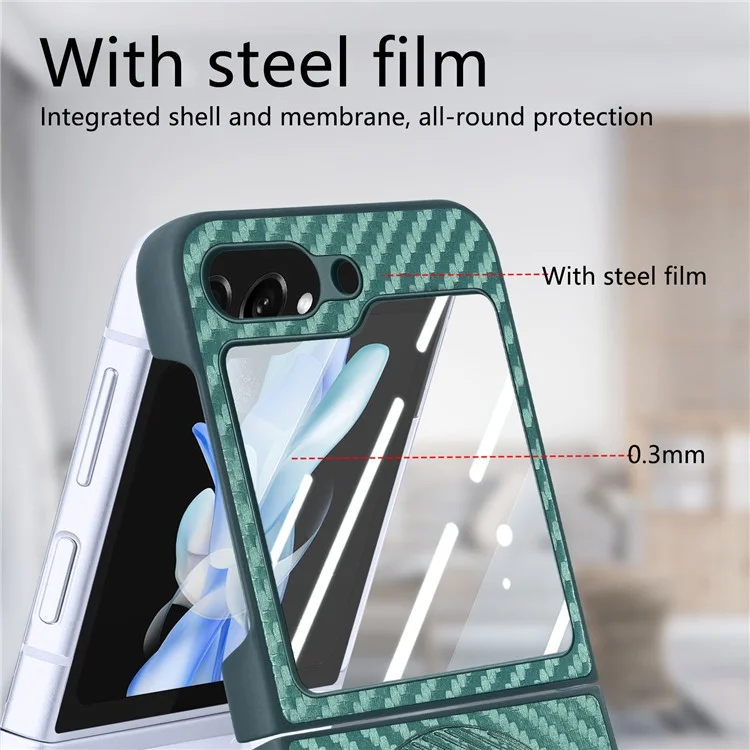 For Samsung Galaxy Z Flip5 5G Case Ring Holder Card Bag Leather+PC Phone Cover with Rear Screen Film - Green