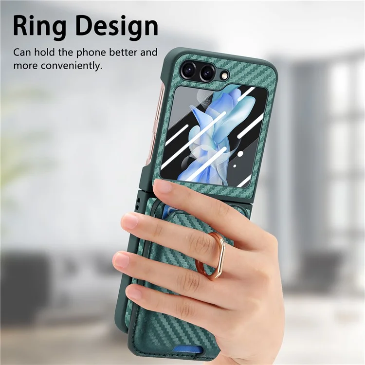 For Samsung Galaxy Z Flip5 5G Case Ring Holder Card Bag Leather+PC Phone Cover with Rear Screen Film - Green