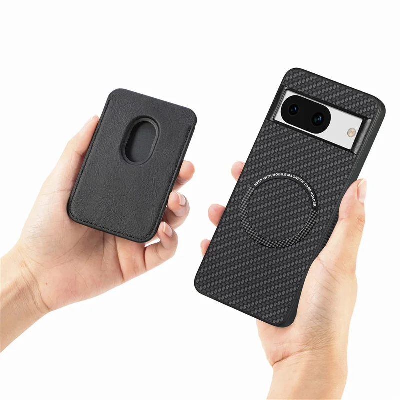 For Google Pixel 8a Case Carbon Fiber Leather Back Cover with Detachable Magnetic Card Bag - Black