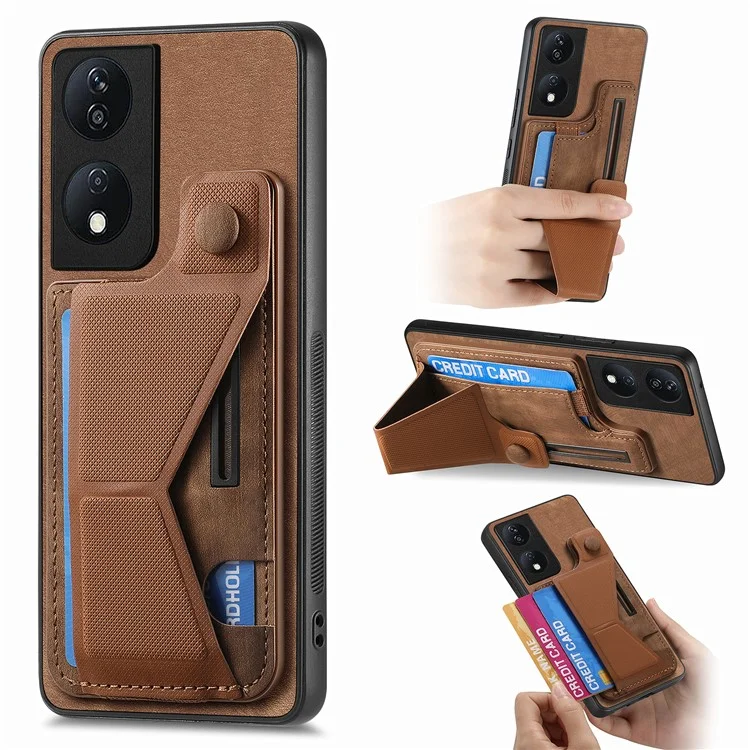 D13 For Honor X7b 4G / 90 Smart Case Retro Leather Back Cover Card Slot Side Kickstand - Marrom