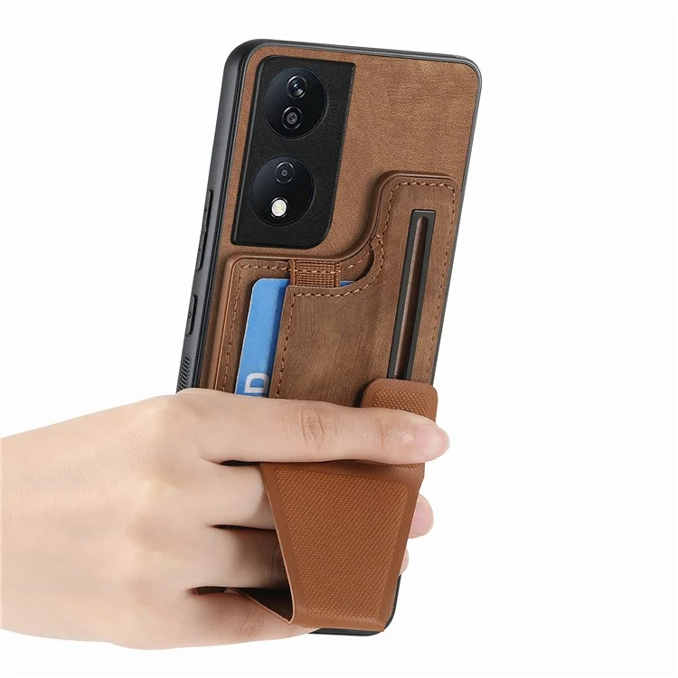 D13 For Honor X7b 4G / 90 Smart Case Retro Leather Back Cover Card Slot Side Kickstand - Marrom