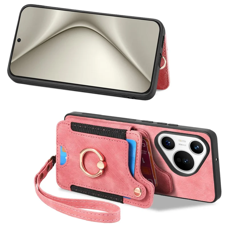 D4 Para Huawei Pura 70 Case RFID Blocking Bolsa de Couro+TPU Capa de Telefone Slots para Cartões, Suporte para Anel - Rosa