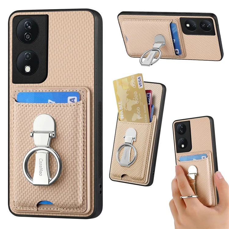 C1-9 For Honor X7b 4G / 90 Smart Case Kickstand Leather Card Slots Back Cover Carbon Fiber Texture - Cáqui