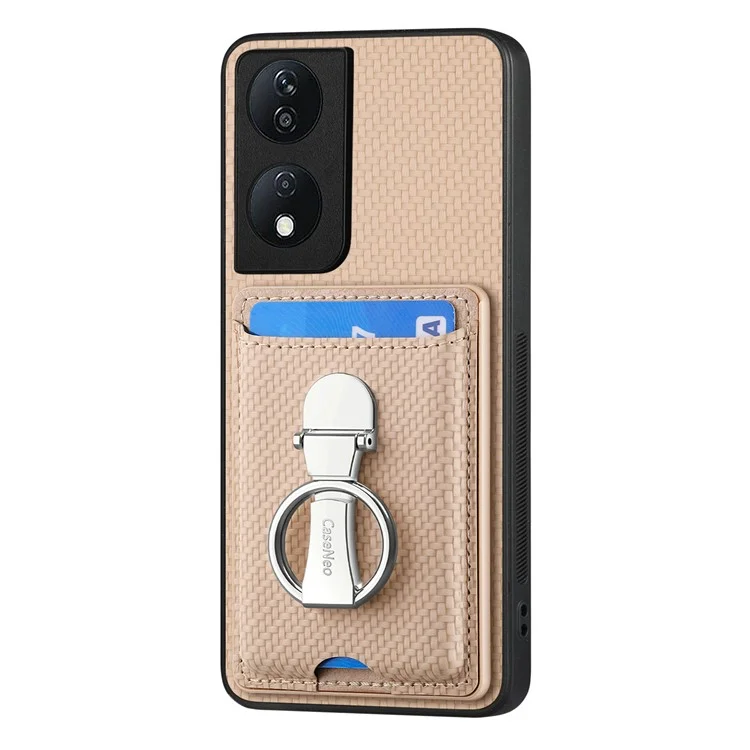 C1-9 For Honor X7b 4G / 90 Smart Case Kickstand Leather Card Slots Back Cover Carbon Fiber Texture - Cáqui