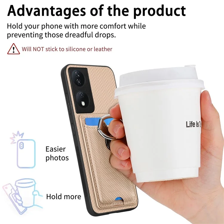 C1-9 For Honor X7b 4G / 90 Smart Case Kickstand Leather Card Slots Back Cover Carbon Fiber Texture - Cáqui