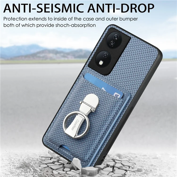 C1-9 For Honor X7b 4G / 90 Smart Case Kickstand Leather Card Slots Back Cover Carbon Fiber Texture - Cáqui