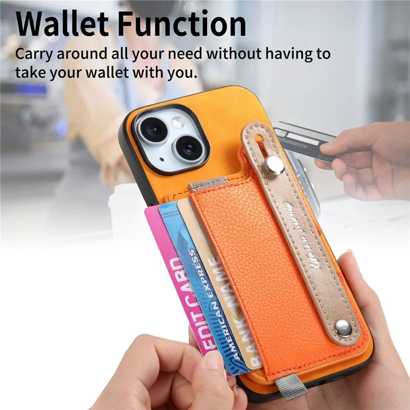 For iPhone 15 Magnetic Leather Back Case with Detachable Card Holder and Wristband - Orange