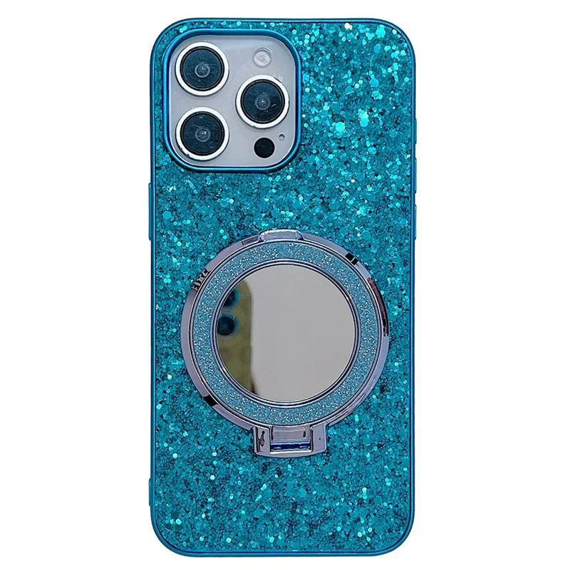 For iPhone 15 Pro Case Kickstand TPU+PC Phone Cover with Mirror - Blue
