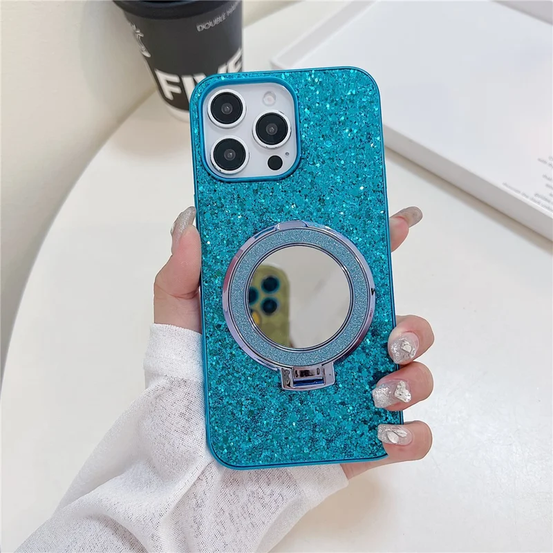 For iPhone 15 Pro Case Kickstand TPU+PC Phone Cover with Mirror - Blue
