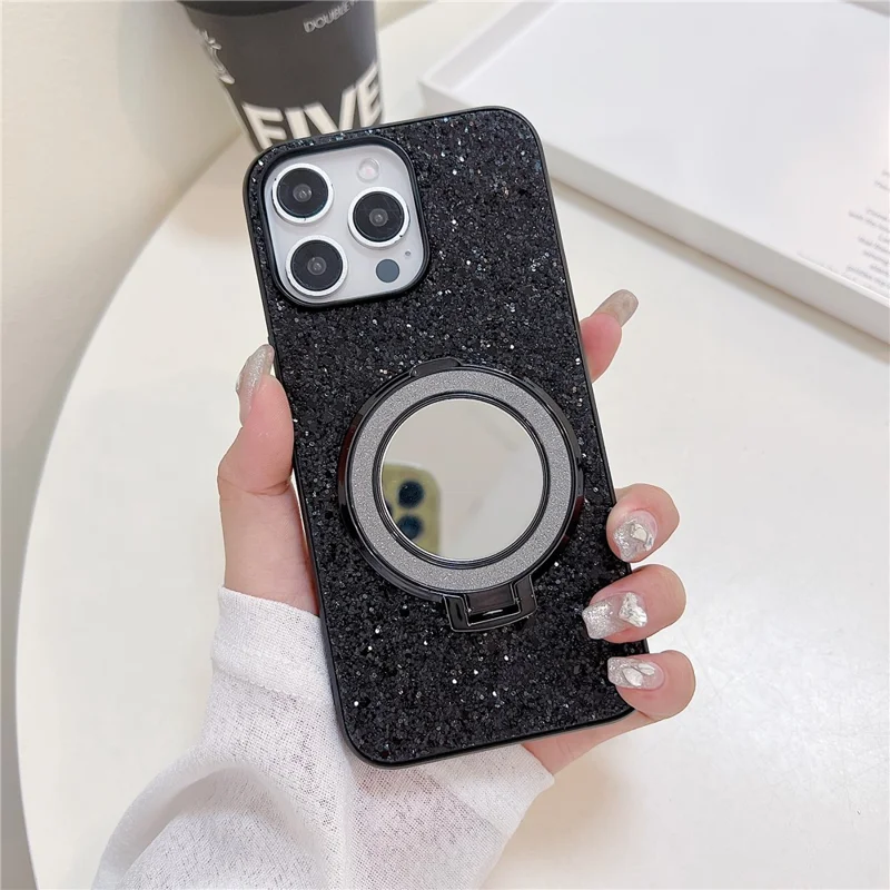 For iPhone 15 Pro Case Kickstand TPU+PC Phone Cover with Mirror - Black