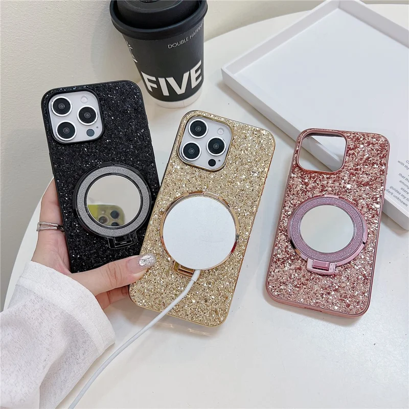 For iPhone 15 Pro Case Kickstand TPU+PC Phone Cover with Mirror - Black
