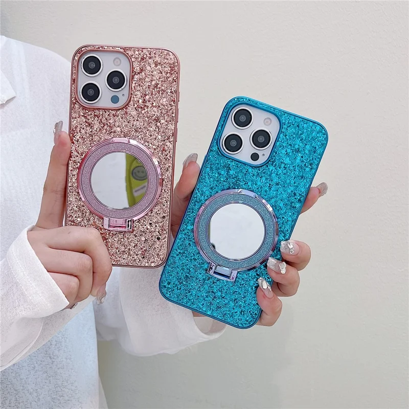 For iPhone 15 Pro Case Kickstand TPU+PC Phone Cover with Mirror - Black