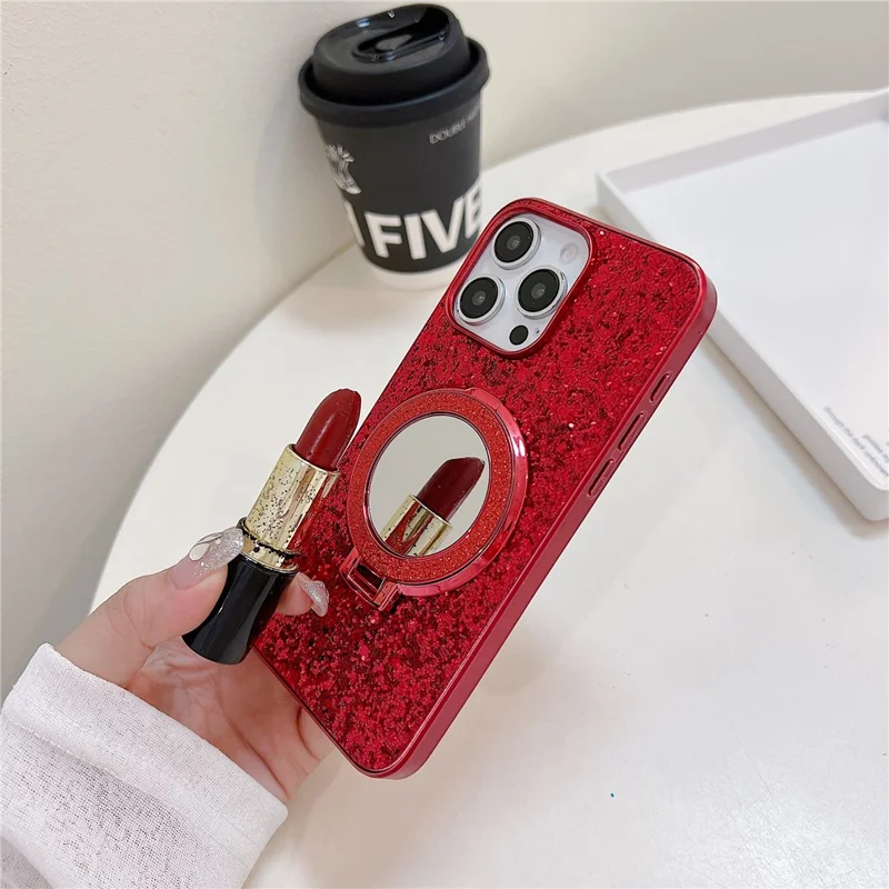 For iPhone 15 Pro Case Kickstand TPU+PC Phone Cover with Mirror - Black