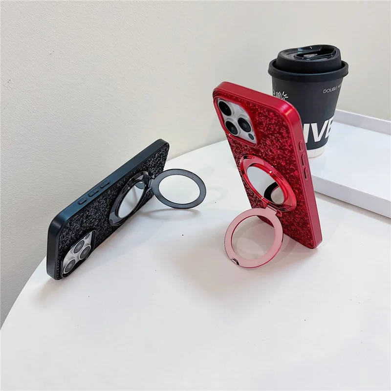 For iPhone 15 Pro Case Kickstand TPU+PC Phone Cover with Mirror - Black