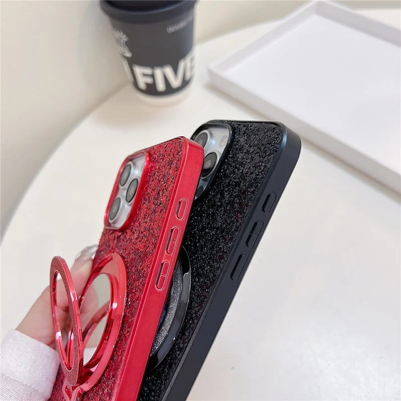 For iPhone 15 Pro Case Kickstand TPU+PC Phone Cover with Mirror - Black