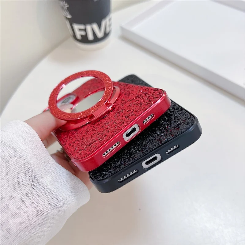 For iPhone 15 Pro Case Kickstand TPU+PC Phone Cover with Mirror - Black