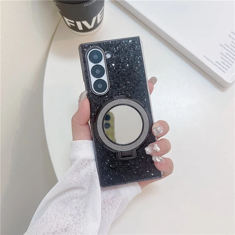 Para Samsung Galaxy Z Fold6 5G Case Compatível MagSafe TPU+PC Capa de Celular com Suporte e Espelho - Preto