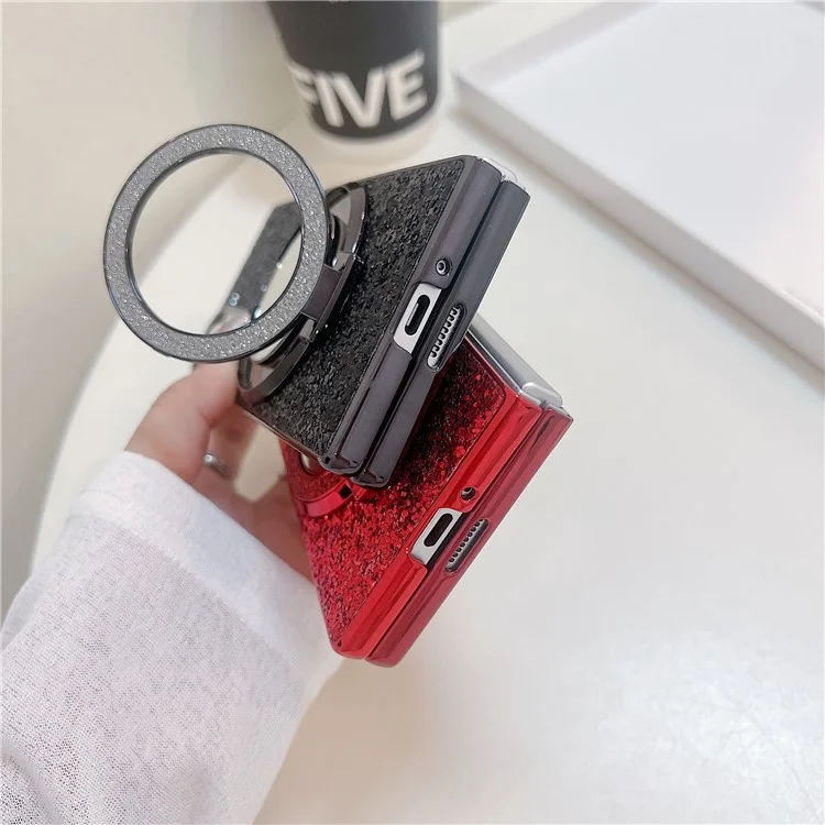 Para Samsung Galaxy Z Fold6 5G Case Compatível MagSafe TPU+PC Capa de Celular com Suporte e Espelho - Preto