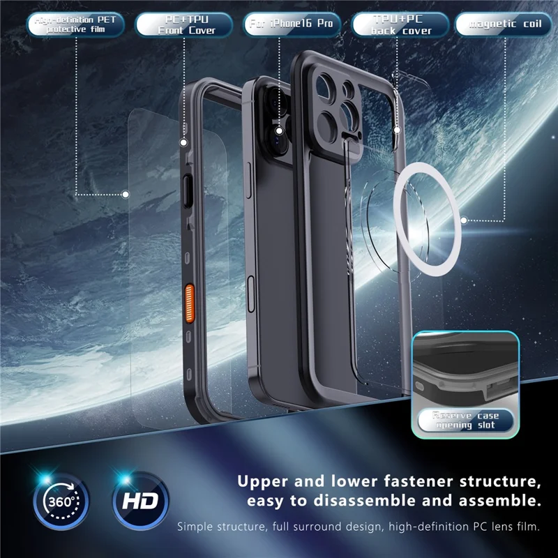 REDPEPPER Dot+ Series For iPhone 16 Pro Case Compatible with MagSafe IP68 Waterproof Clear Phone Cover - Black  /  Grey