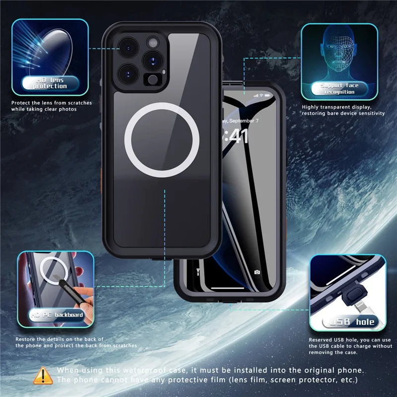 REDPEPPER Dot+ Series For iPhone 16 Pro Case Compatible with MagSafe IP68 Waterproof Clear Phone Cover - Black  /  Grey