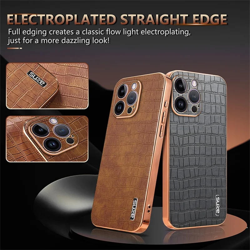 AZNS For iPhone 16 Pro Max Case Electroplating Crocodile Texture PU+TPU Phone Cover - Blue