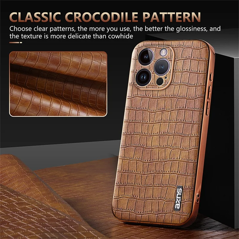 AZNS For iPhone 16 Pro Max Case Electroplating Crocodile Texture PU+TPU Phone Cover - Blue