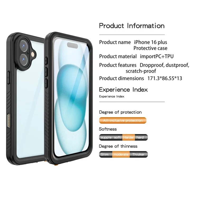 REDPEPPER FS Series For iPhone 16 Plus Phone Case IP68 Waterproof Clear Back Panel Phone Cover