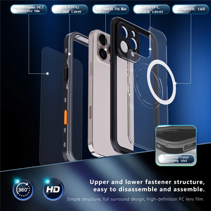 REDPEPPER Dot+ Series For iPhone 16 Pro Max Phone Case Compatible with MagSafe IP68 Waterproof Clear Phone Cover - Black  /  Grey
