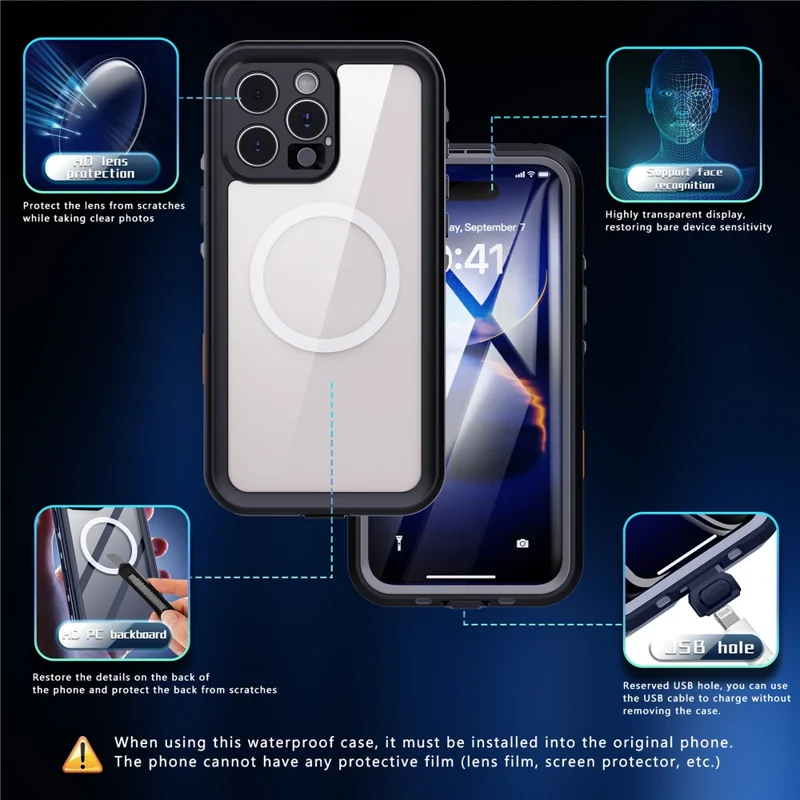 REDPEPPER Dot+ Series For iPhone 16 Pro Max Phone Case Compatible with MagSafe IP68 Waterproof Clear Phone Cover - Black  /  Grey
