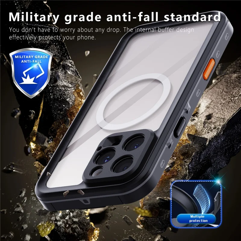 REDPEPPER Dot+ Series For iPhone 16 Pro Max Phone Case Compatible with MagSafe IP68 Waterproof Clear Phone Cover - Black  /  Grey