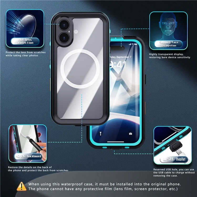 REDPEPPER Dot+ Series For iPhone 16 Plus Phone Case Compatible with MagSafe IP68 Waterproof Clear Phone Cover - Blue