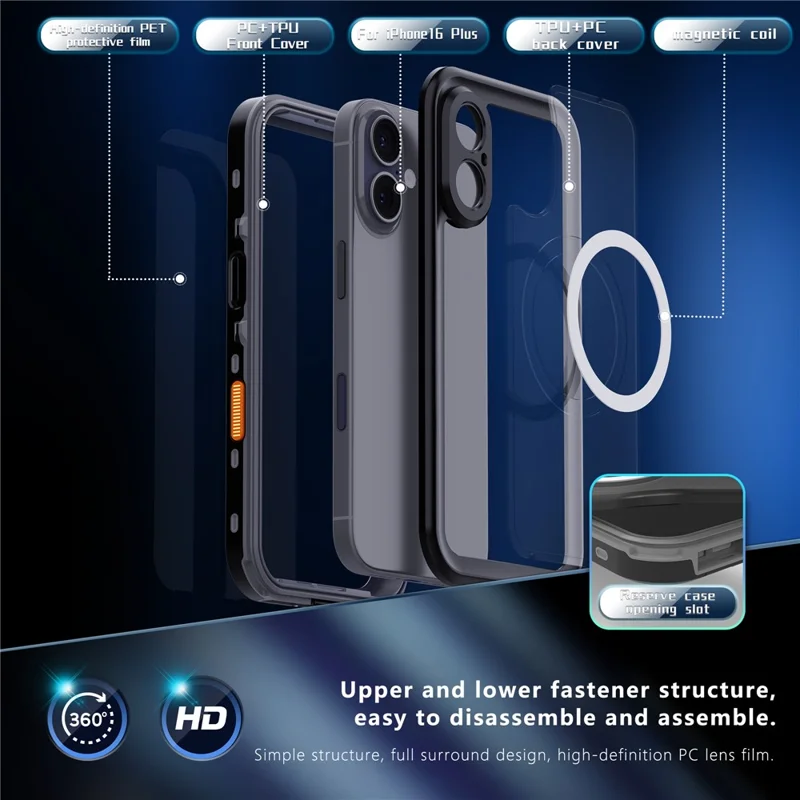 REDPEPPER Dot+ Series For iPhone 16 Plus Phone Case Compatible with MagSafe IP68 Waterproof Clear Phone Cover - Black  /  Grey