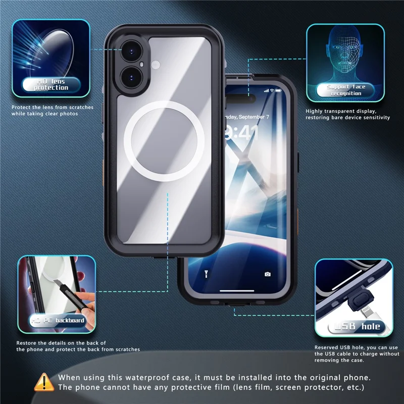 REDPEPPER Dot+ Series For iPhone 16 Plus Phone Case Compatible with MagSafe IP68 Waterproof Clear Phone Cover - Black  /  Grey