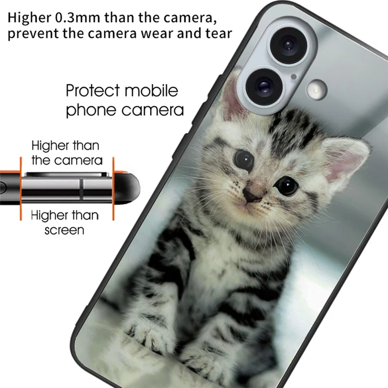 For iPhone 16 Case Pattern Printing Tempered Glass+TPU Phone Cover - Cute Cat