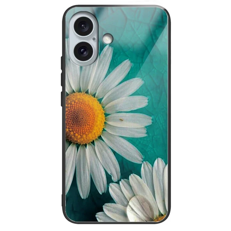 For iPhone 16 Plus Case Tempered Glass+TPU Phone Cover Pattern Printing - Daisy