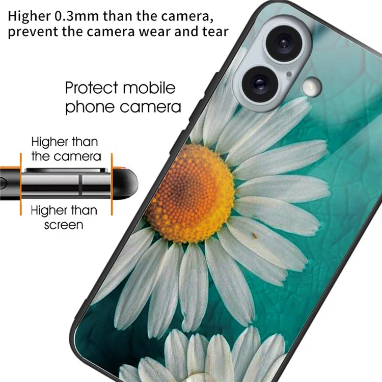 For iPhone 16 Plus Case Tempered Glass+TPU Phone Cover Pattern Printing - Daisy