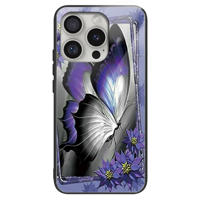 Para iPhone 16 Pro Max Case Pattern Printing Anti-Drop Tempered Glass+TPU Phone Cover - Purple Butterfly