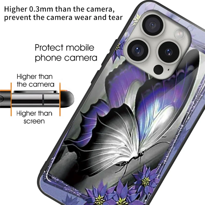 Para iPhone 16 Pro Max Case Pattern Printing Anti-Drop Tempered Glass+TPU Phone Cover - Purple Butterfly