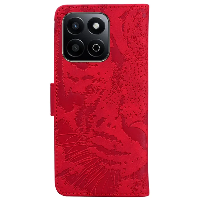 For Honor Play 60 Plus 5G Wallet Case Tiger Imprint Leather Folio Flip Phone Cover - Red