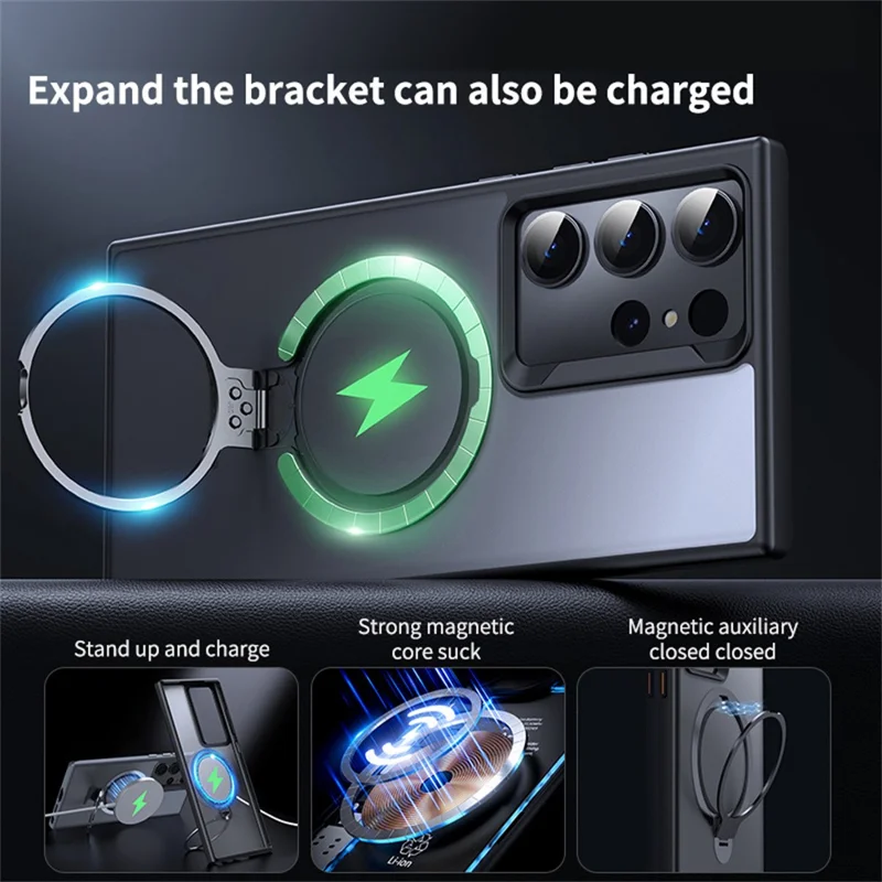 For Samsung Galaxy S23 Ultra Phone Case Kickstand Matte Back Cover Magnetic Case - Grey